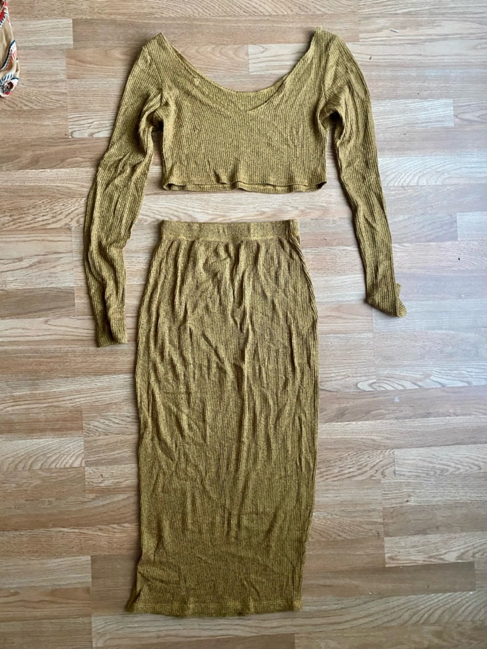 Ribbed Midi Pencil Skirt and Matching Long Sleeve Top in Mustard Yellow